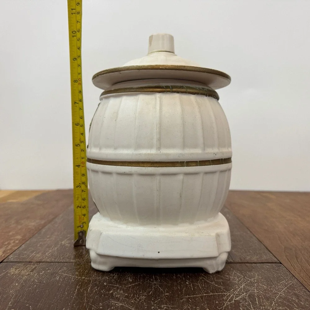 Vintage‎ Ceramic Wood Stove Cookie Jar White Gold Detail Cottagecore